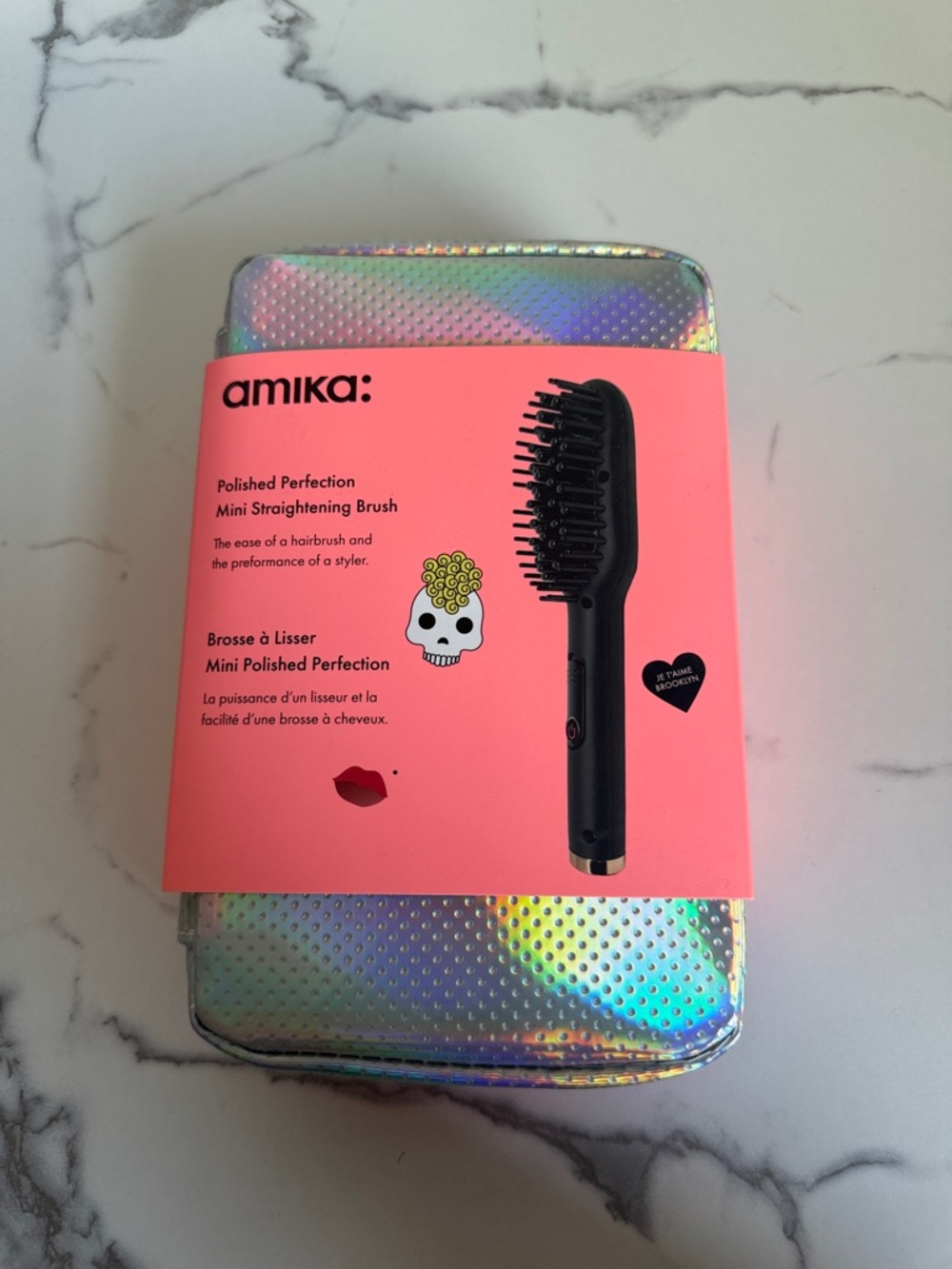 amika Mini Polished Perfection Straightening Brush – Pink with Black Brush